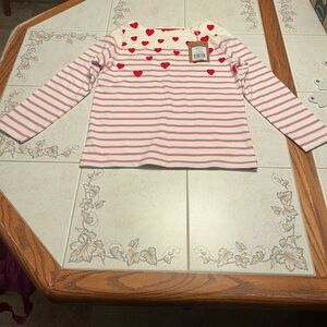 Boden Pink and White Striped Long Sleeve Tee with Red Hearts